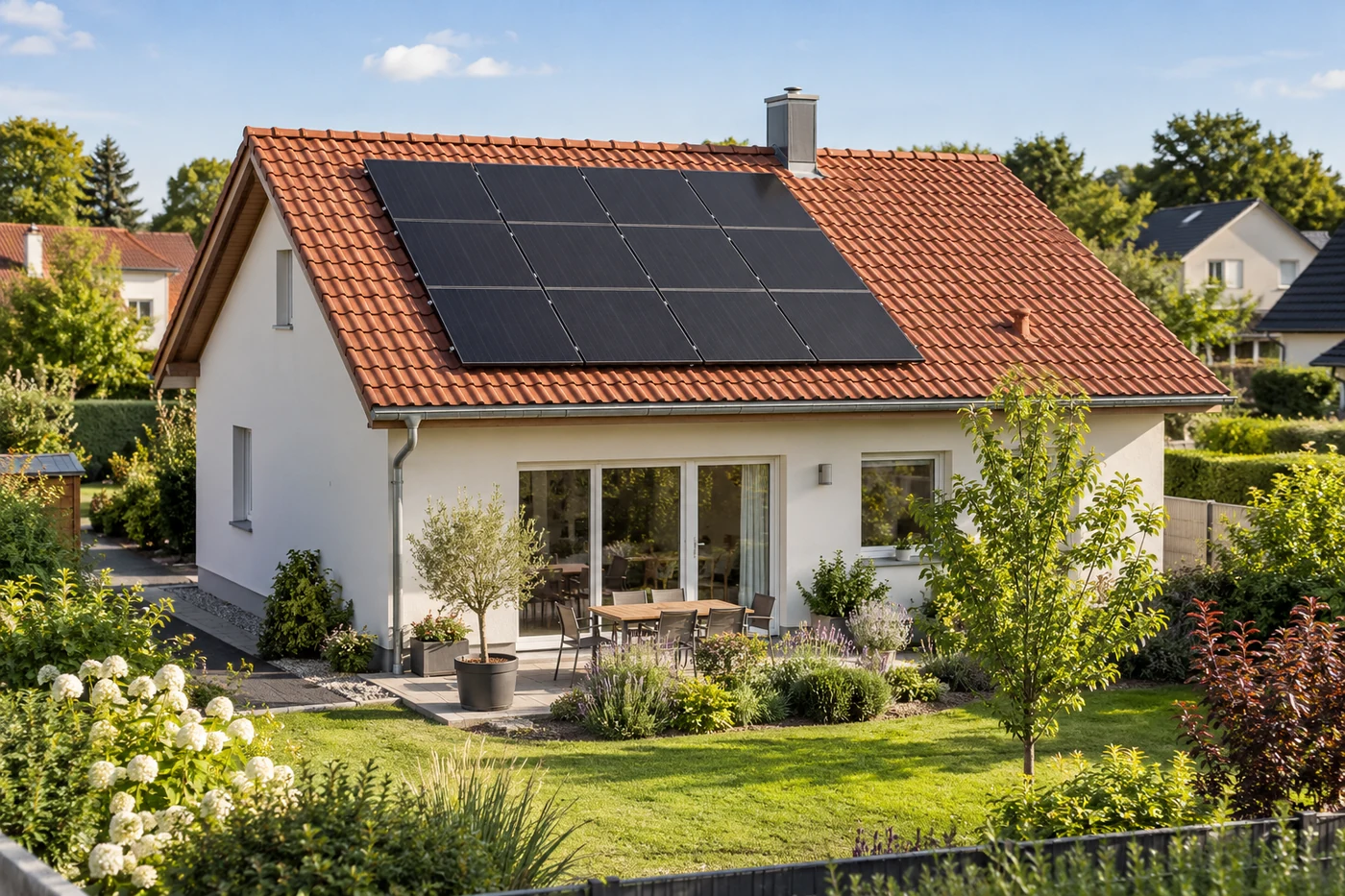 Kompakte Photovoltaikanlage auf dem Ziegeldach eines Einfamilienhauses
