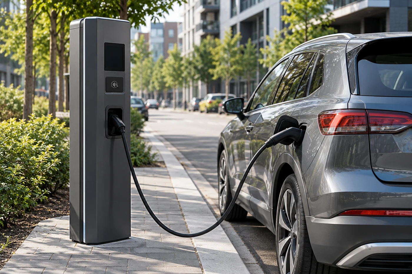 Öffentliche Ladestation mit Bezahlterminal neben einem Elektroauto