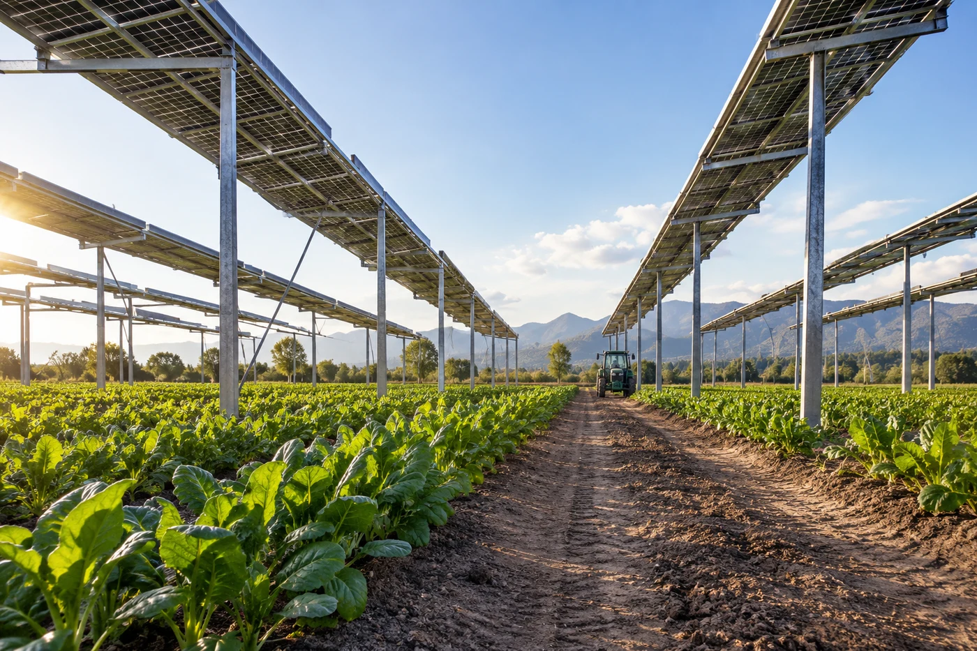 Erhöhte Solarmodule über Anbaureihen mit breitem Durchgang.