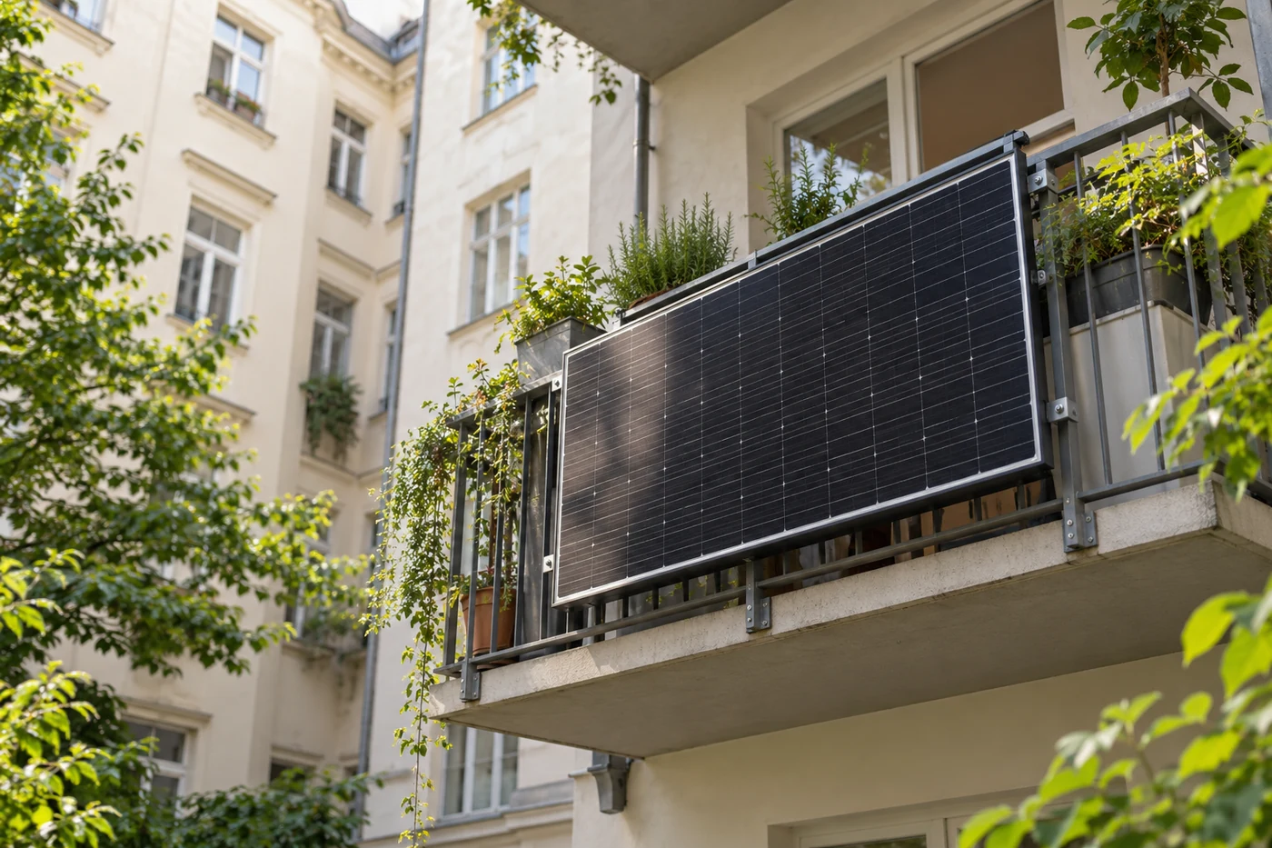 Solarmodul an einem modernen Innenhofbalkon