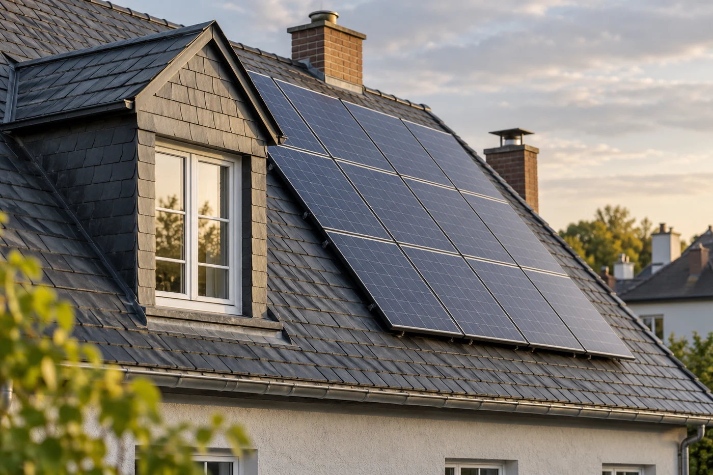 Dachfenster und Solarmodule auf einem geneigten Dach