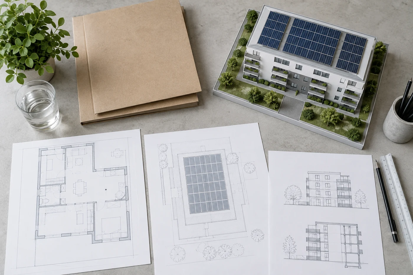 Projektmappen und ein kleines Dachmodell auf einem hellen Tisch