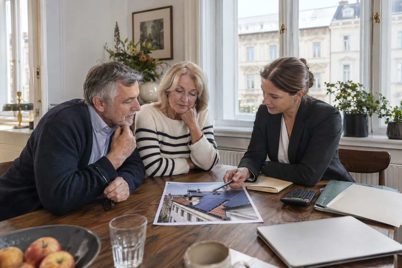 Personen besprechen Planungsunterlagen in einer Stadtwohnung