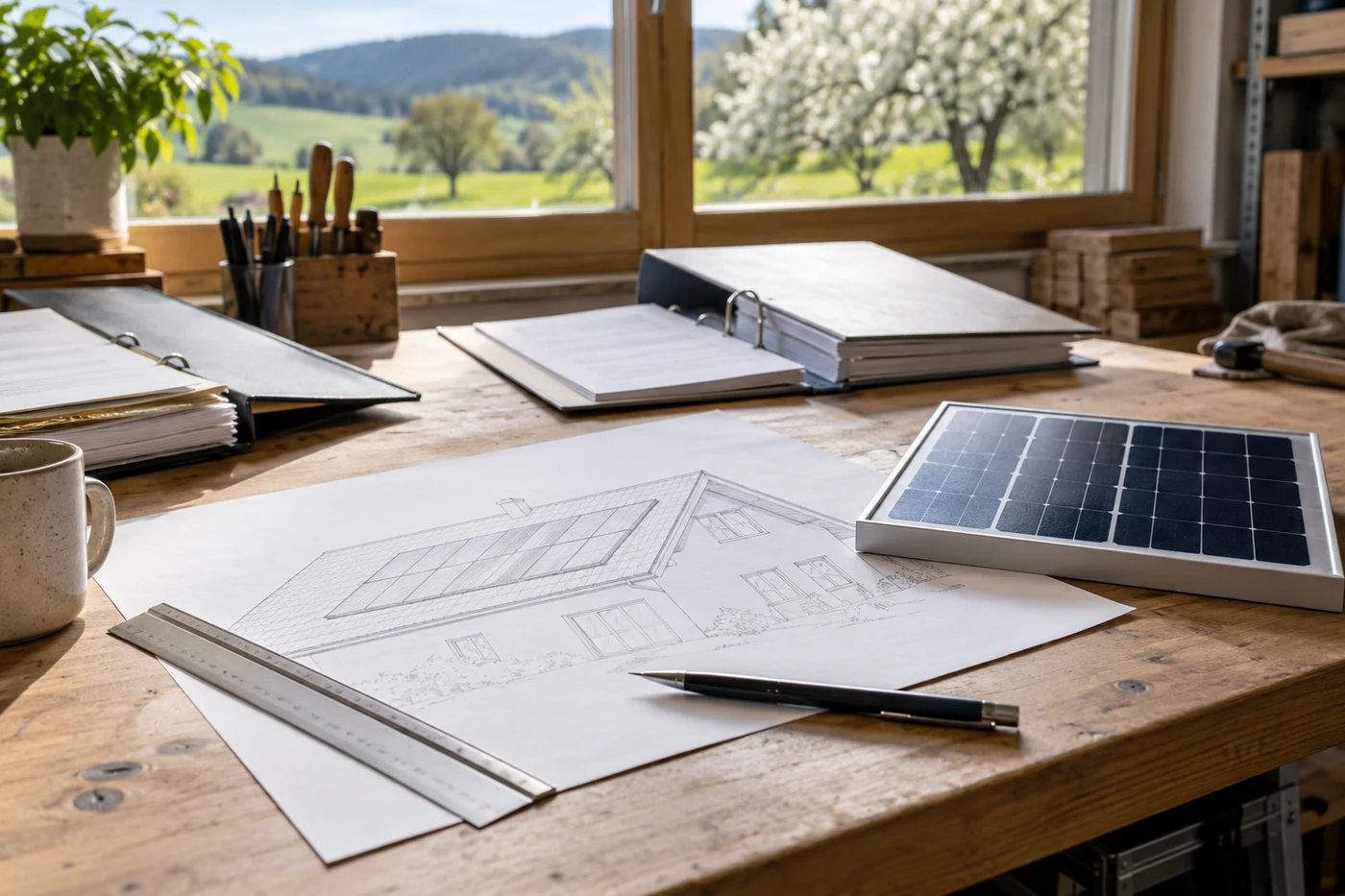 Dachskizze und Solarmodulmuster auf einer Werkbank neben zwei Projektmappen