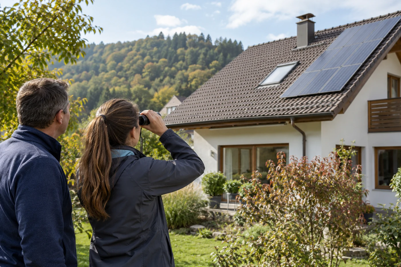 Person betrachtet ein Hausdach mit einem Fernglas