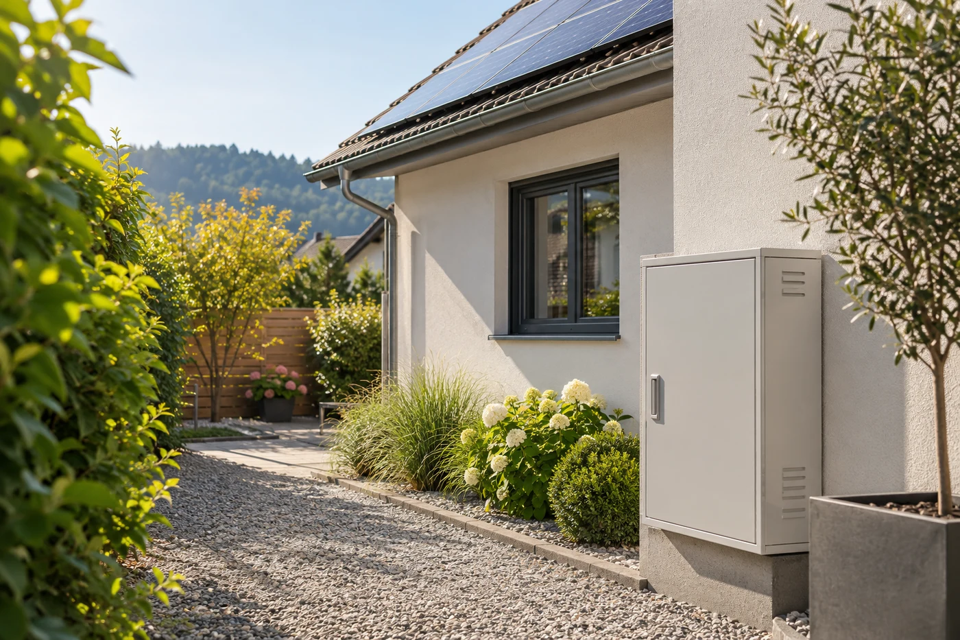 Wohnhaus mit Solardach und geschlossenem Zählerschrank am Zugang
