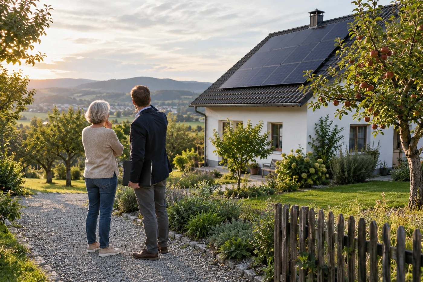 Hausbesitzerin und Berater im Garten eines Wohnhauses