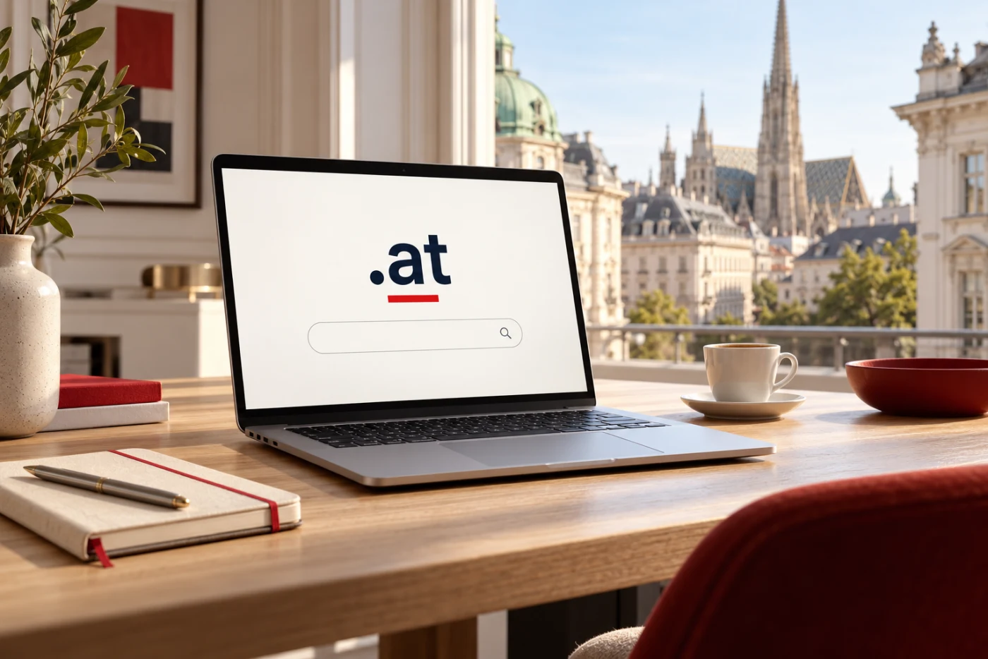 Laptop mit .at-Domainsuche auf einem Schreibtisch vor einer Wiener Stadtkulisse