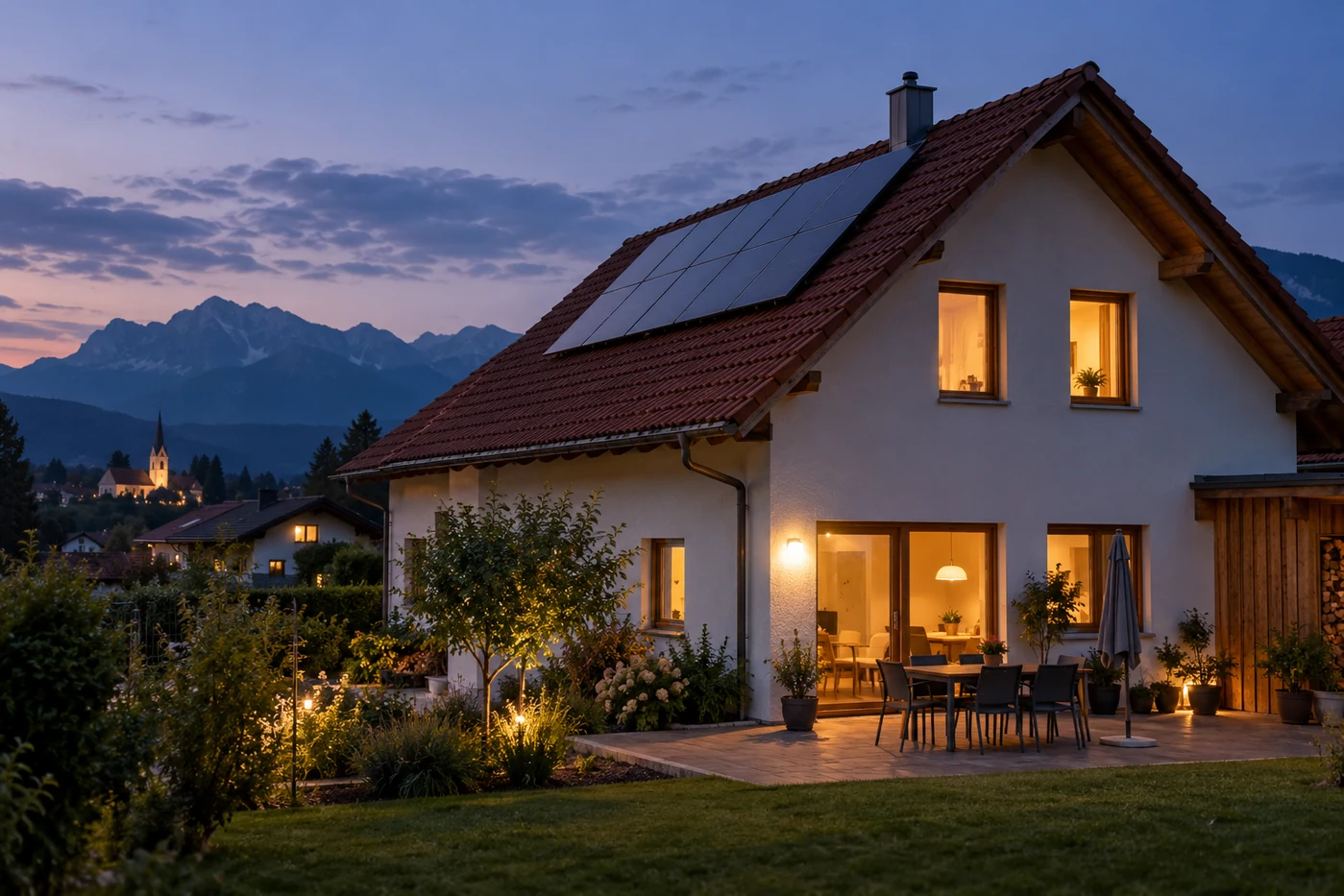 Einfamilienhaus mit Solardach und beleuchteten Fenstern in der Abenddämmerung