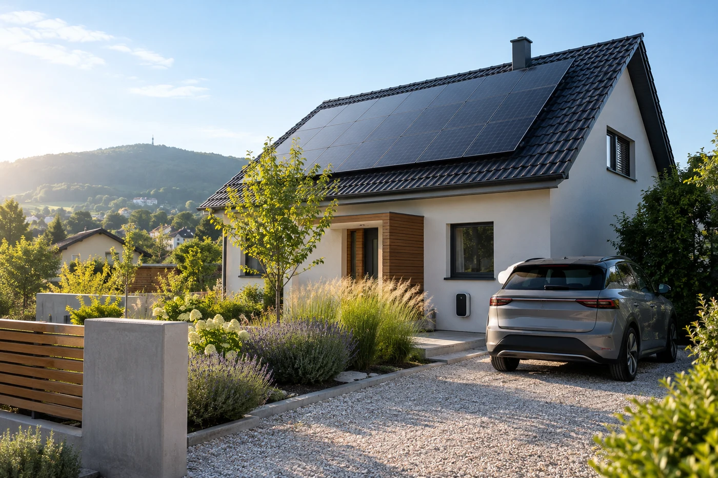 Solardach und ein Elektroauto in der Einfahrt eines Hauses