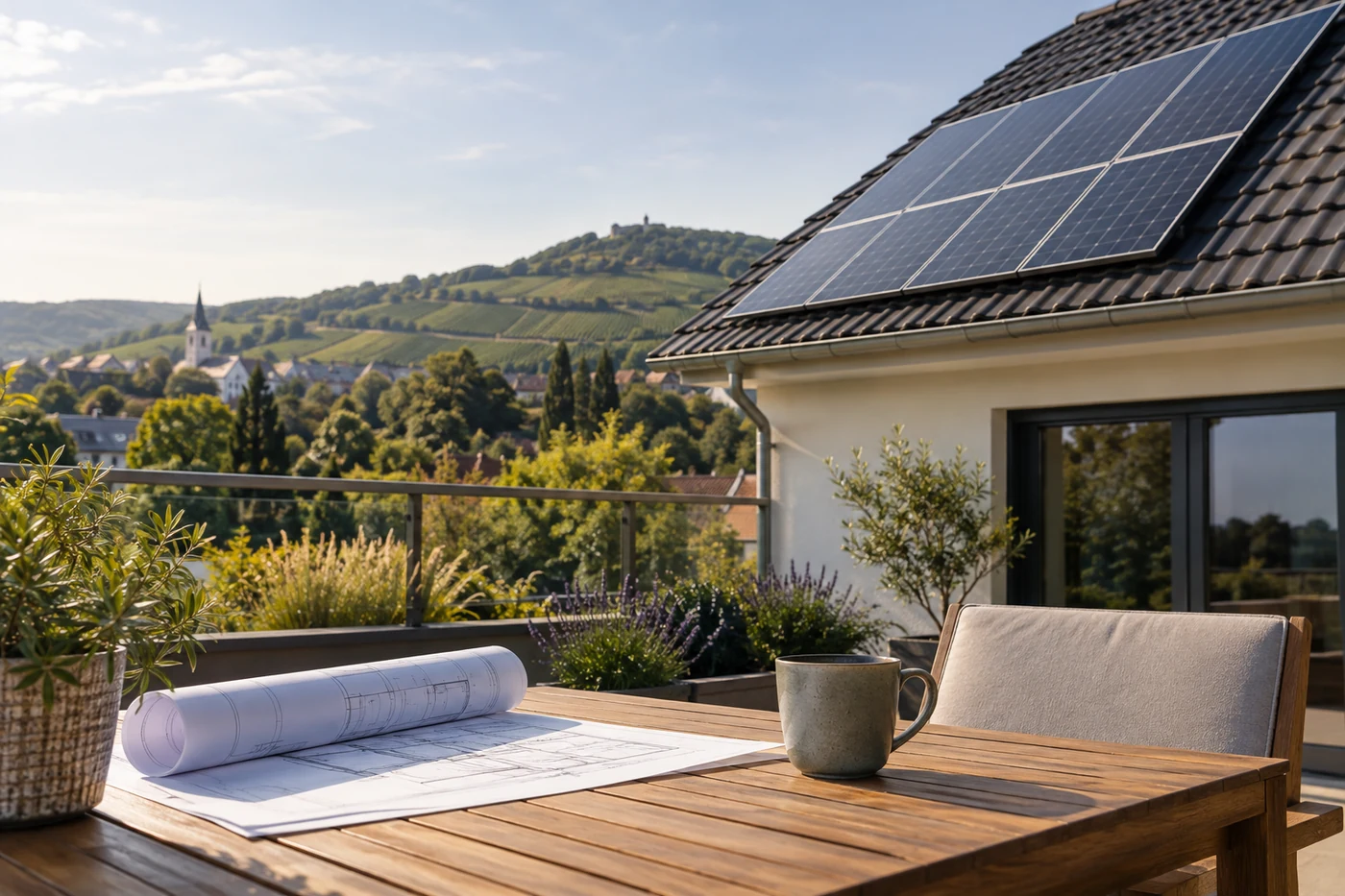 Wohnhaus mit PV-Dach und Planungsunterlagen auf der Terrasse