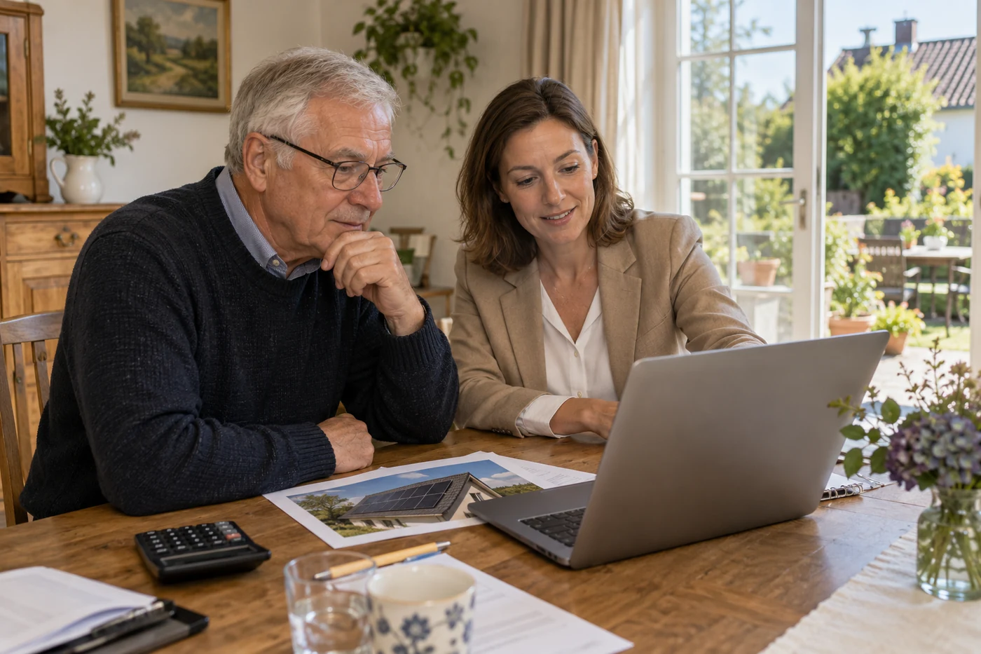 Zwei Personen besprechen eine Planung am Laptop