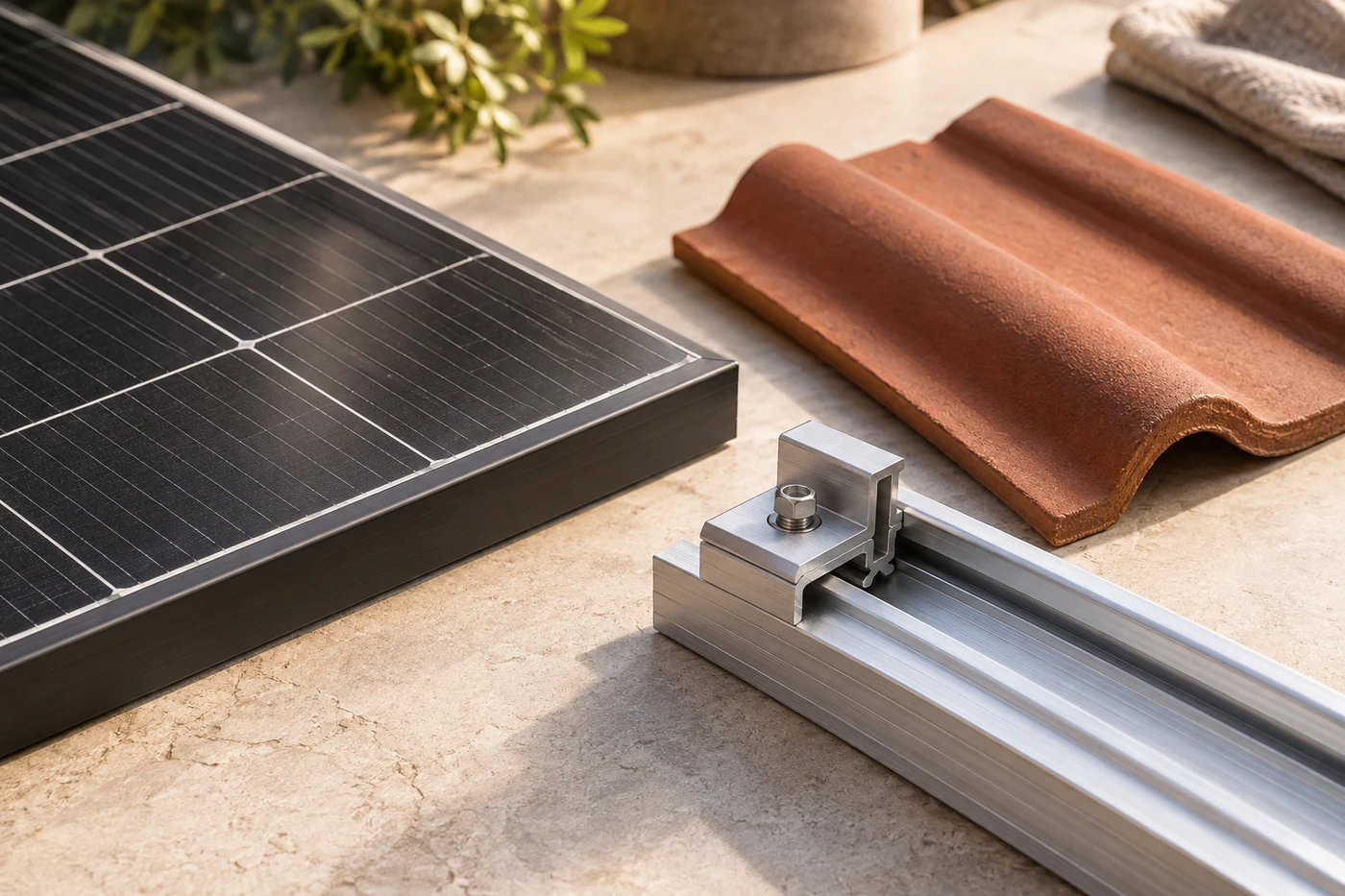 Solarmodulmuster und Montageschiene auf einer hellen Arbeitsfläche