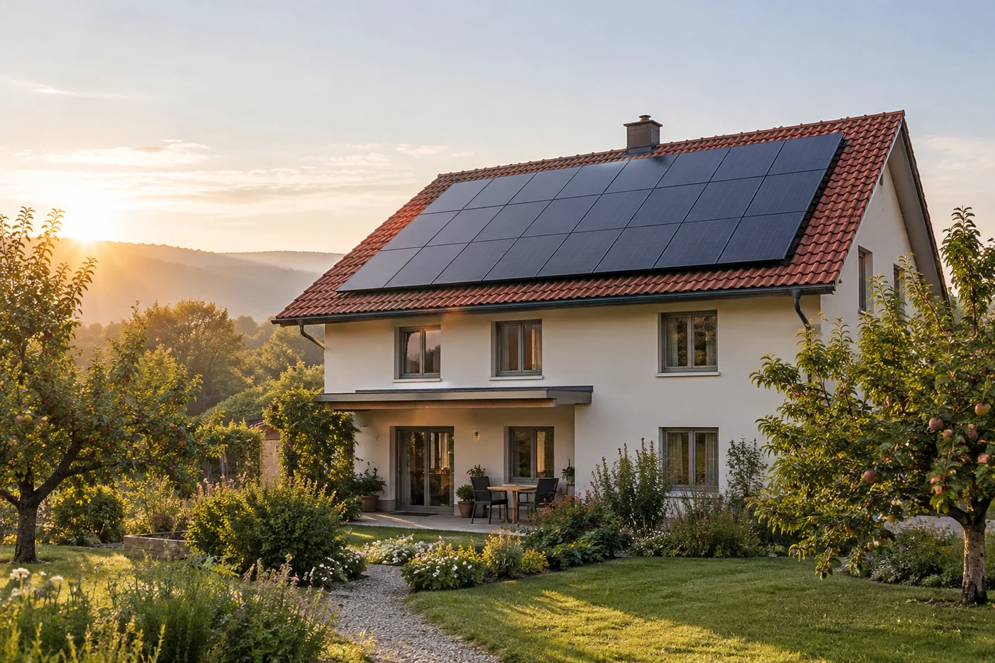Solarmodule auf einem Ziegeldach über einem Garten mit alten Bäumen