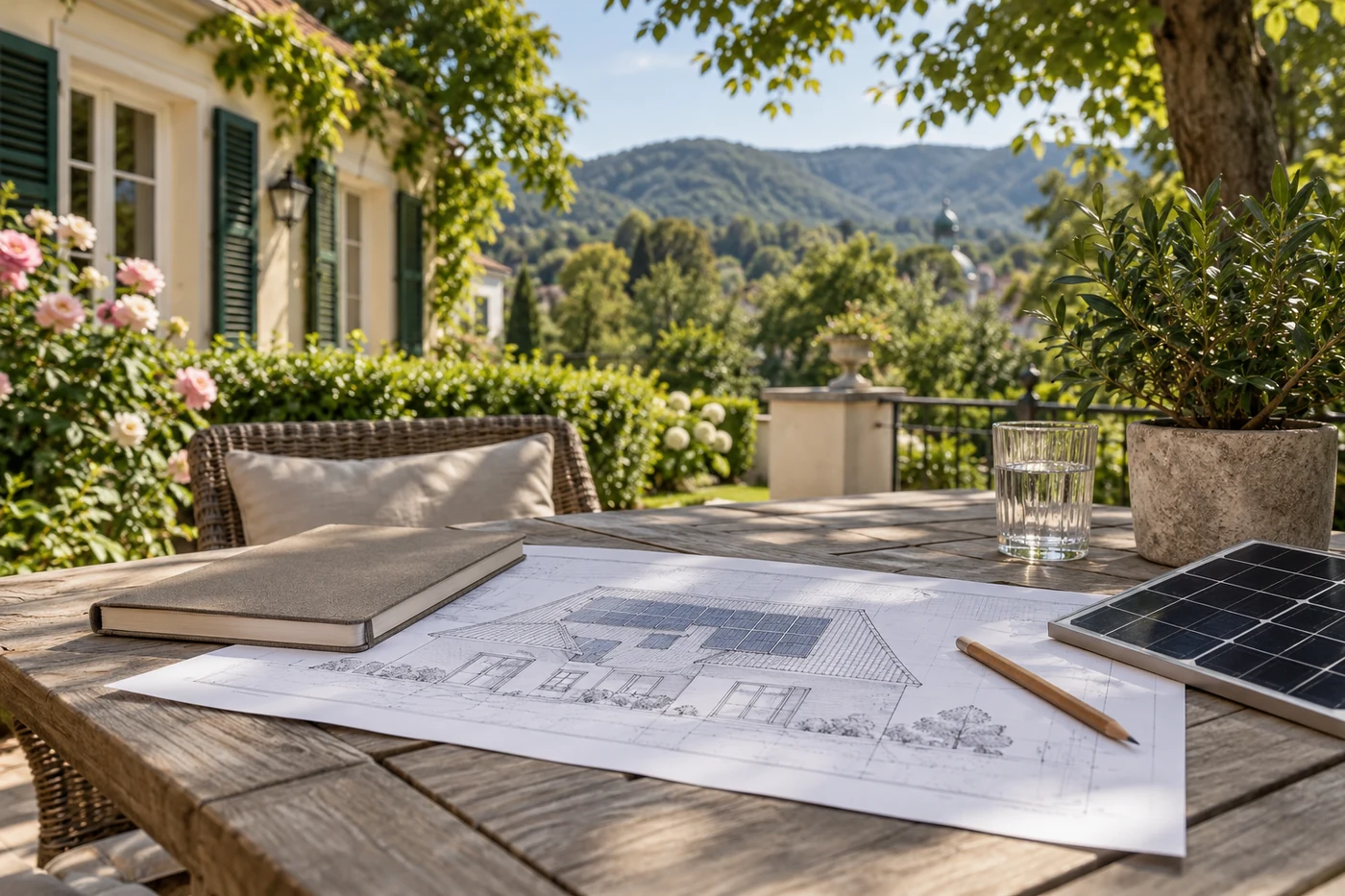 Dachzeichnung auf einem Gartentisch vor einem Wohnhaus