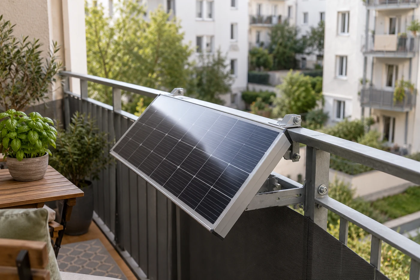 Ein Solarmodul mit Befestigung an einem Balkongeländer
