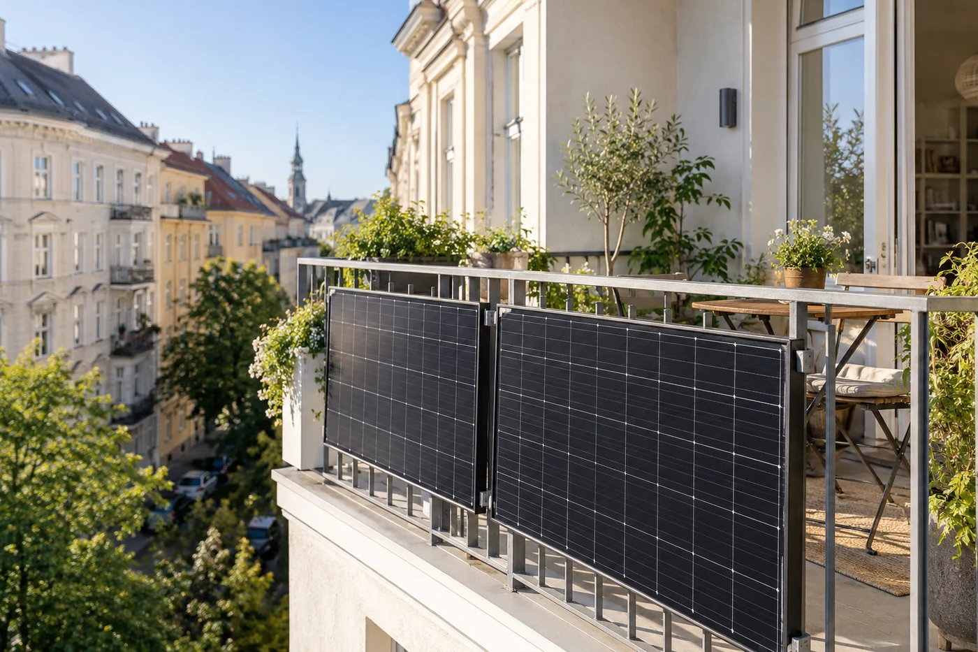Balkon-Solarmodule an einem städtischen Wohnhaus