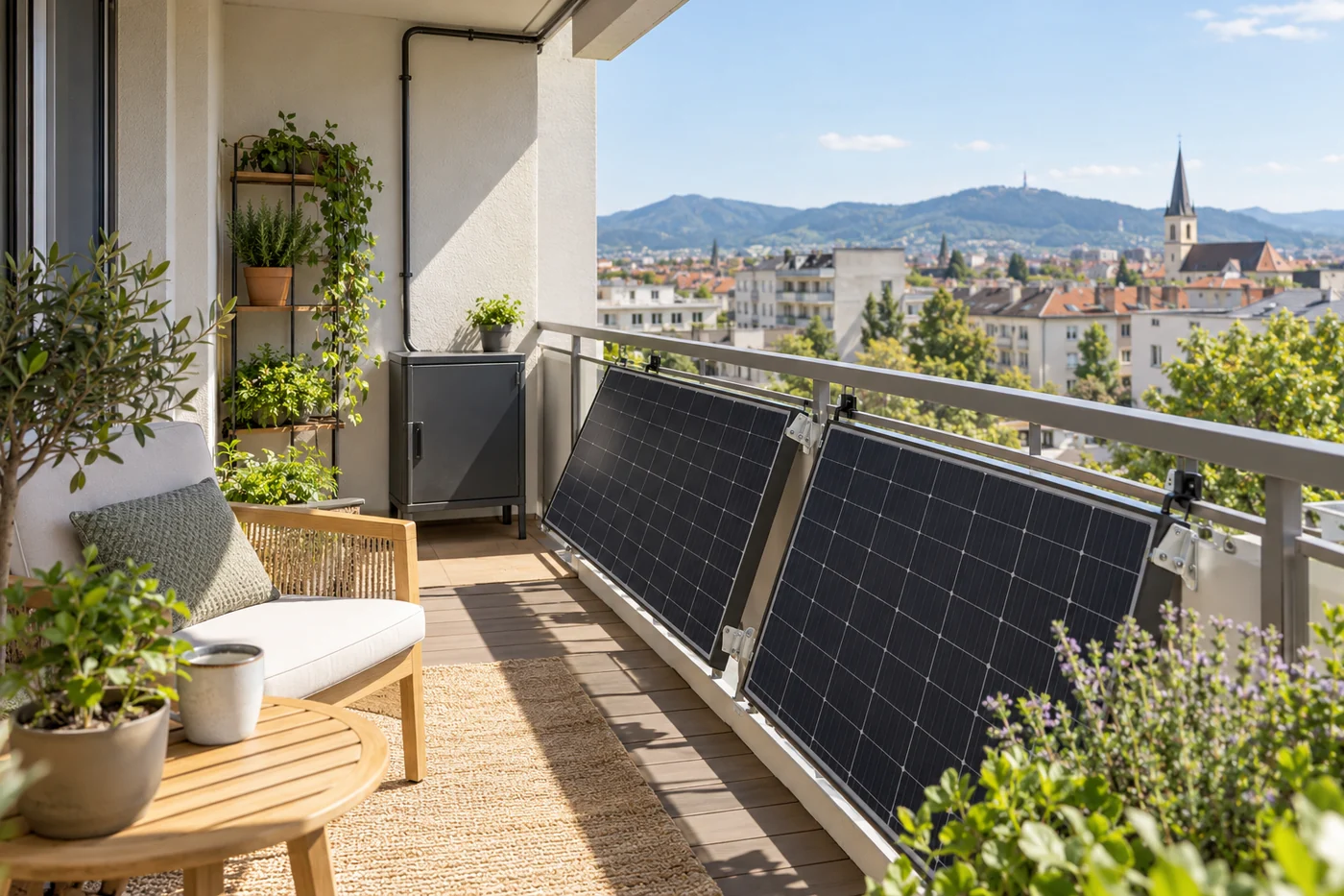 Kompakter Speicher auf einem Balkon mit Solarmodulen