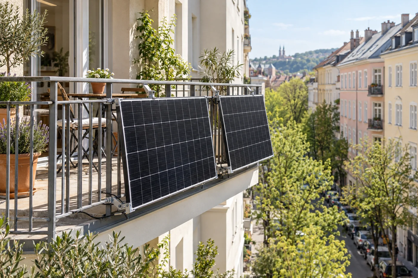 Zwei schwarze Solarmodule am Geländer eines begrünten Wohnungsbalkons