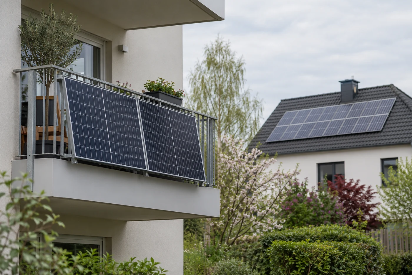 Solarmodule an einem Balkon und auf einem Hausdach