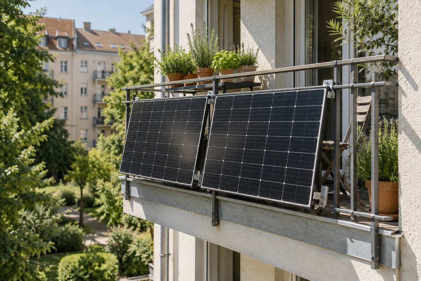 Solarmodule an einem österreichischen Balkon mit stabiler Halterung