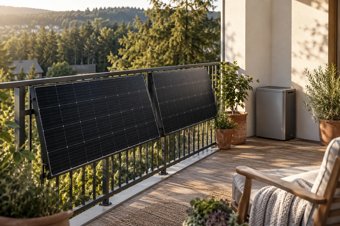 Zwei Solarmodule am Balkongeländer mit einem geschlossenen Speichergehäuse auf der Terrasse.