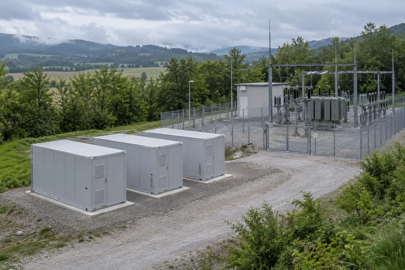 Geschlossene Batteriespeicher-Container neben einem umzäunten Umspannbereich und einem freien Betriebsweg.
