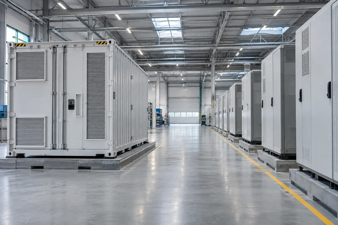 Batteriecontainer und geschlossene Schaltschränke in einer Fertigungshalle