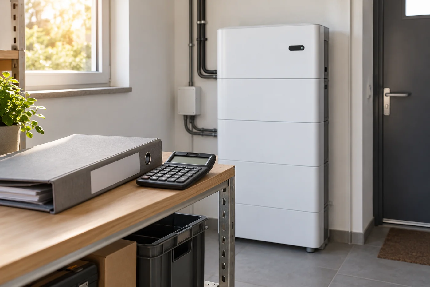 Batteriespeicher und Projektunterlagen im Hauswirtschaftsraum