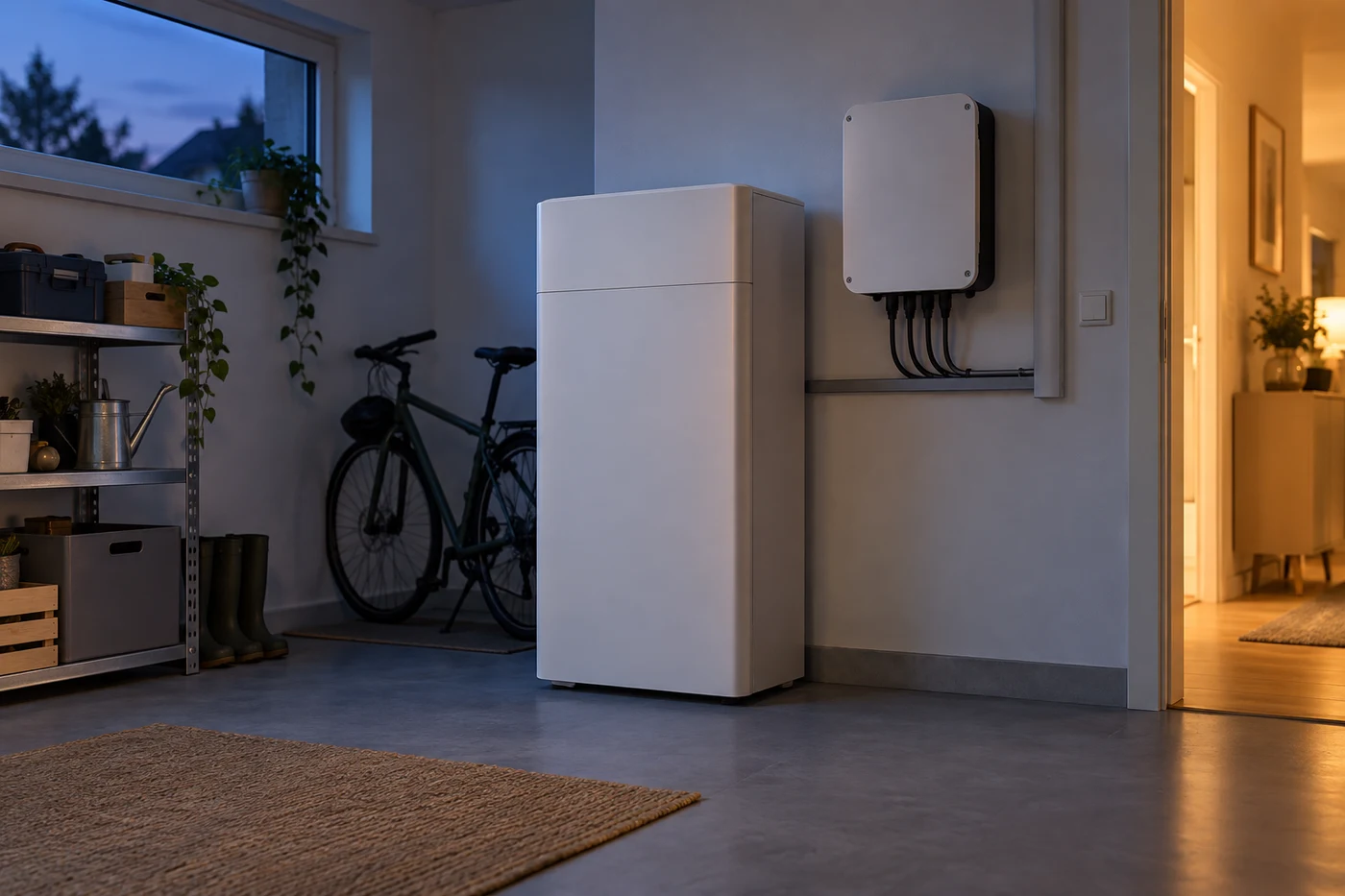 Weißer Batteriespeicher und geschlossener Wechselrichter in einem Hauswirtschaftsraum.