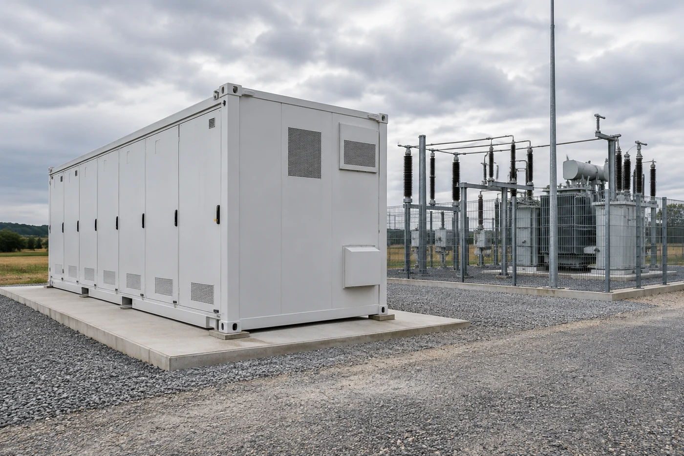 Geschlossener Batteriecontainer neben einer eingezäunten Netzstation