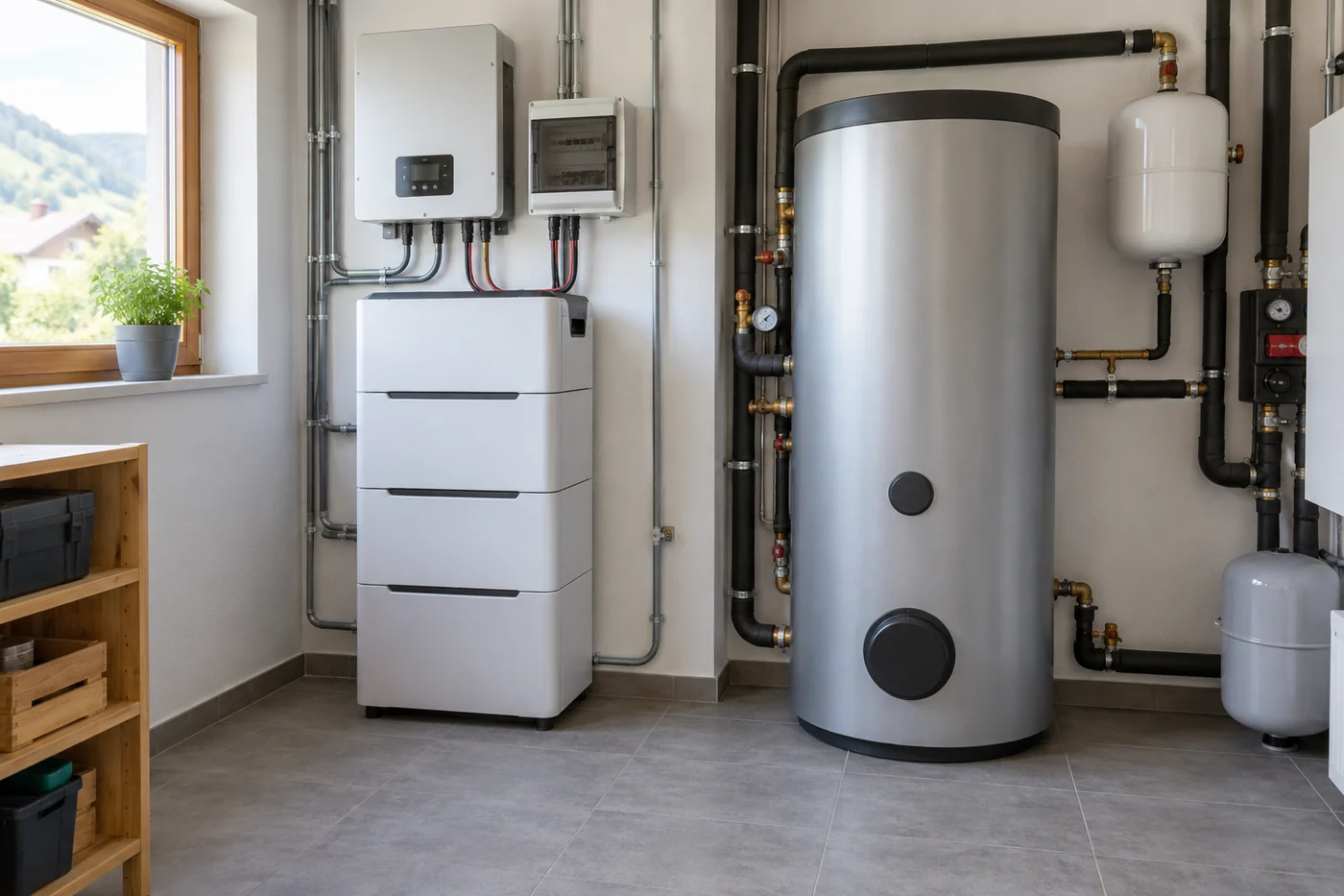 Batteriespeicher und Warmwasserspeicher im selben Technikraum