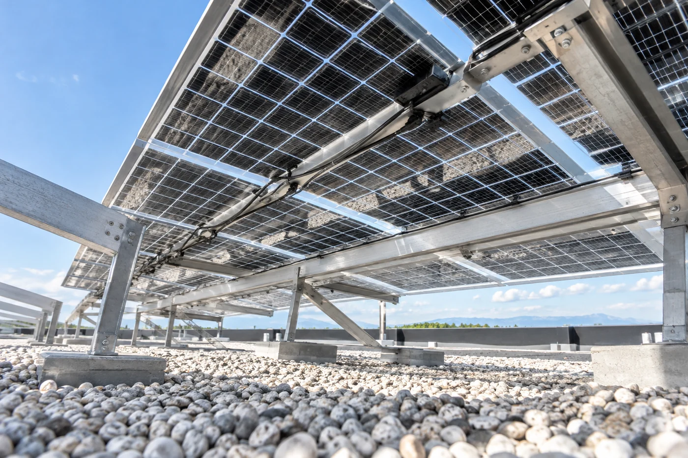 Rückseite aufgeständerter Solarmodule über hellem Kies auf einem Flachdach
