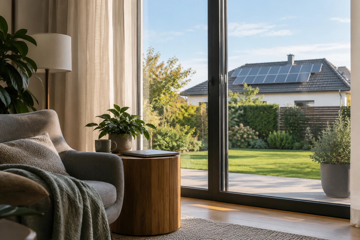 Wohnbereich mit Tageslicht und Blick auf ein Solardach