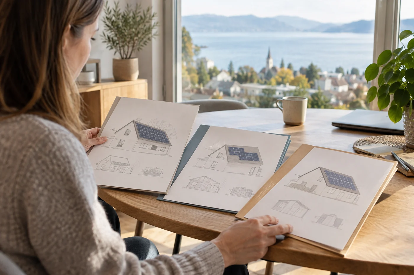Drei Angebotsmappen mit Dachzeichnungen auf einem Tisch