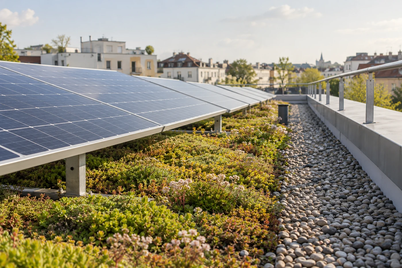 Solarmodule zwischen niedriger Begrünung und einem Wartungsweg auf einem Flachdach.