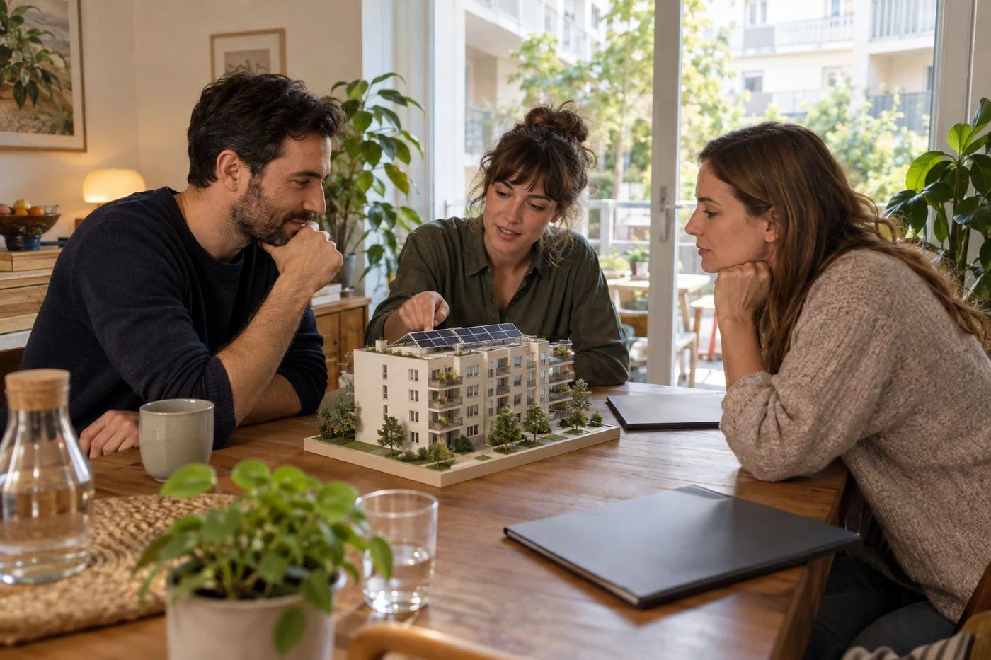 Drei Personen besprechen ein Hausmodell mit Solardach