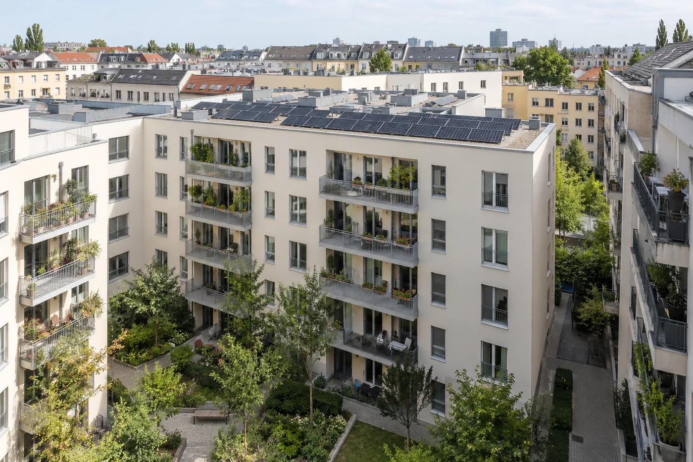 Photovoltaikmodule auf dem Flachdach eines mehrgeschossigen Wohnhauses