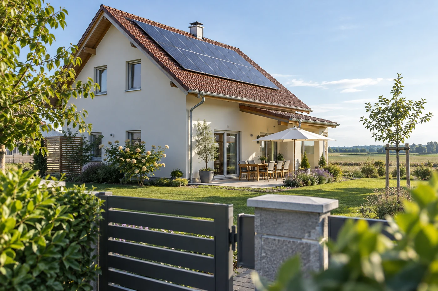 Wohnhaus mit Solarmodulen hinter einem Gartenzaun