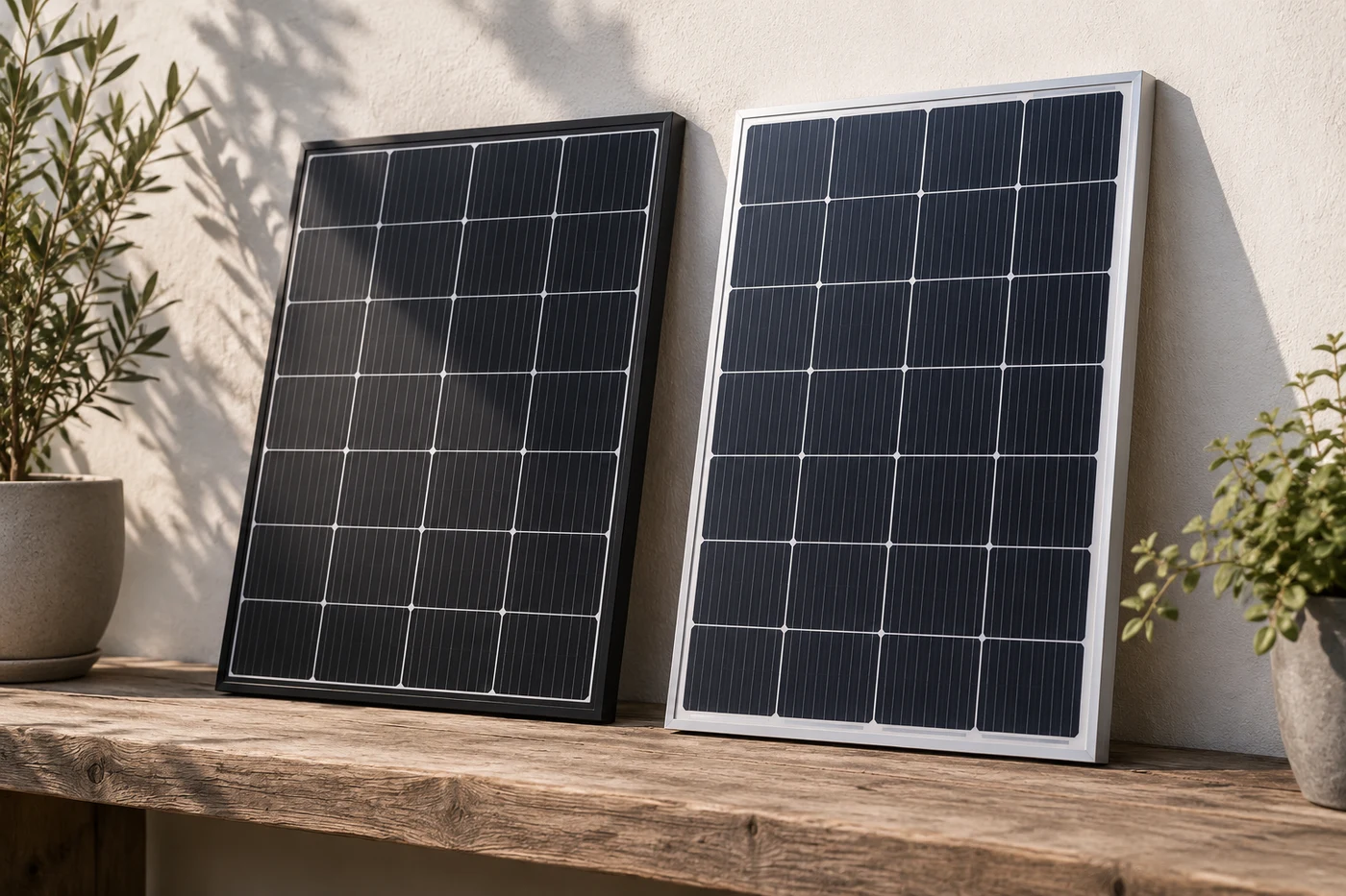 Zwei Solarmodulmuster mit unterschiedlicher Rahmenfarbe
