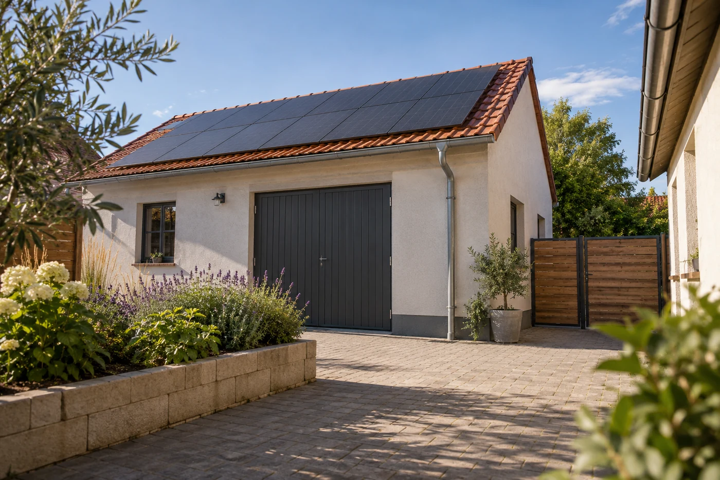 Solarmodule auf dem Dach einer Werkstatt neben einem Innenhof