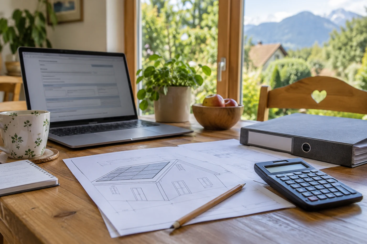 Laptop und Dachplan zur Vorbereitung eines Antrags