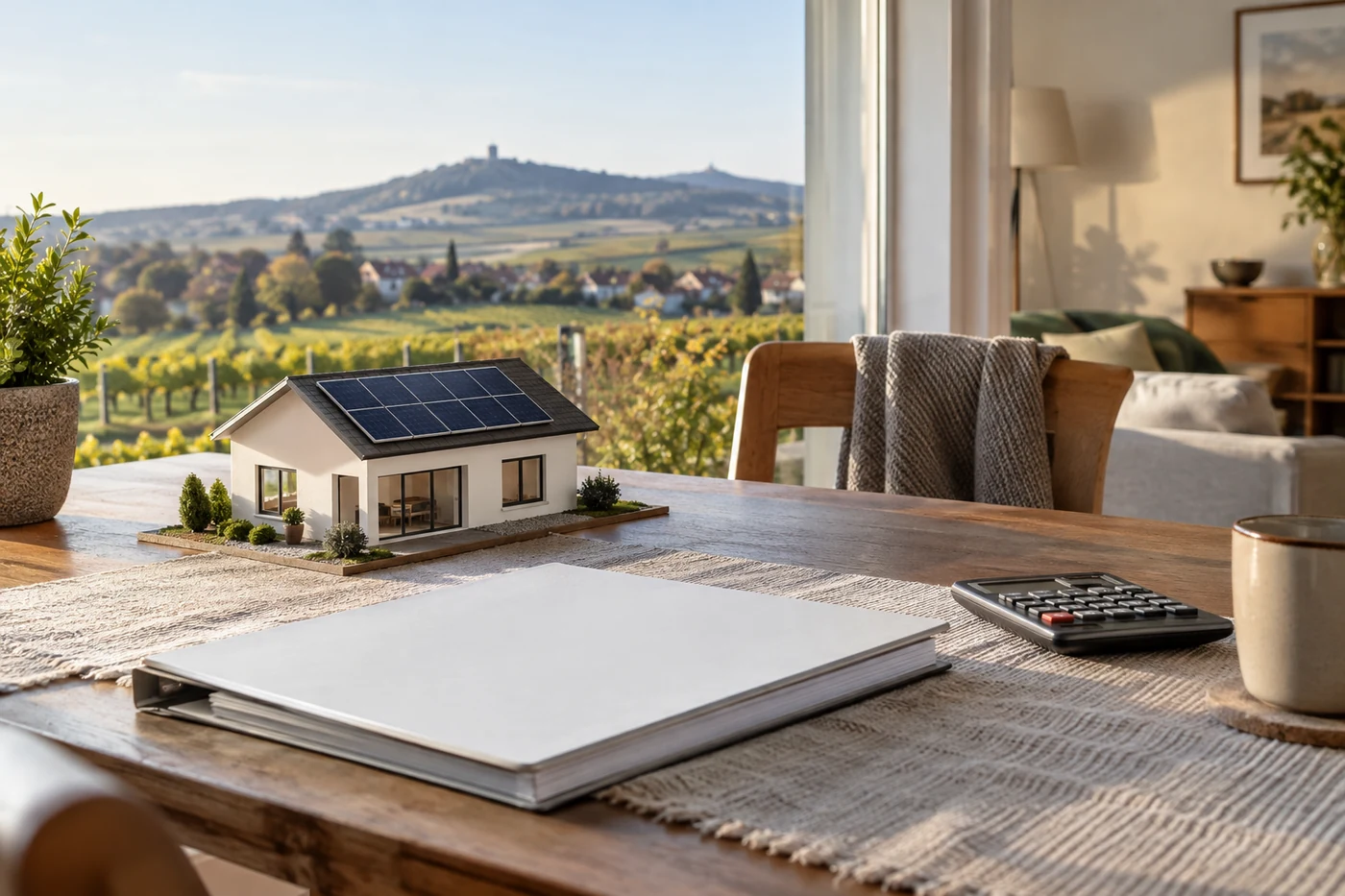 PV-Hausmodell, Projektmappe und Taschenrechner auf einem Holztisch