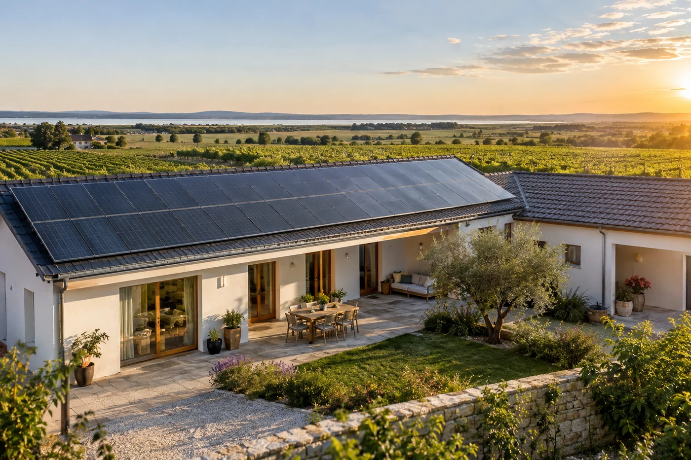 Solarmodule auf einem breiten Dach über einem Hof