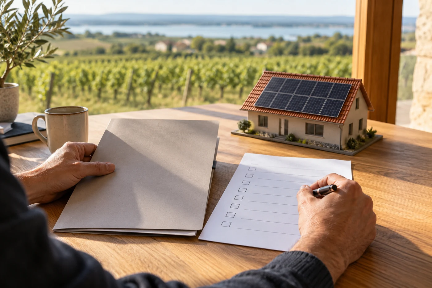 Hände vergleichen Projektmappe und Checkliste für eine PV-Anlage