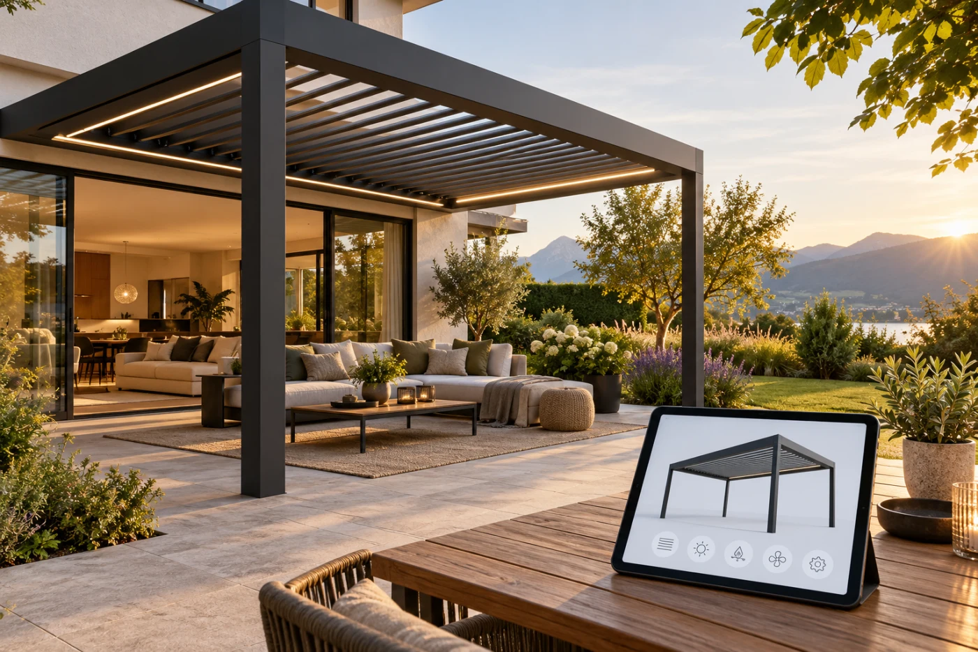 Anthrazitfarbene Lamellenpergola vor einem Wohnhaus und Tablet mit einer 3D-Pergolaplanung