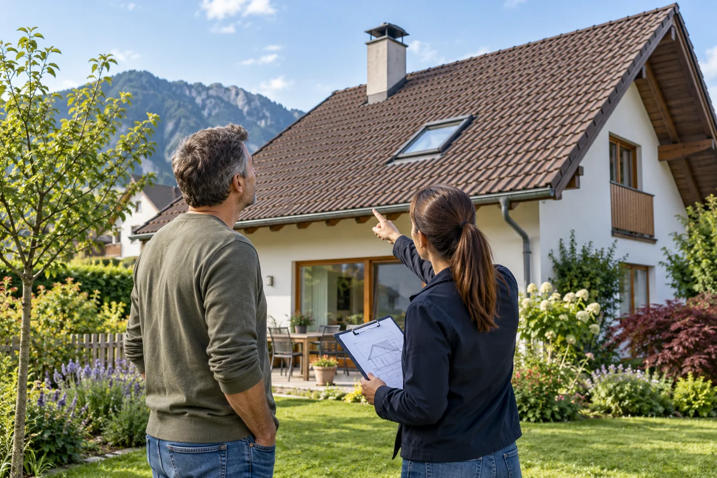 Zwei Erwachsene betrachten vom Garten aus ein geneigtes Hausdach und einen Dachplan
