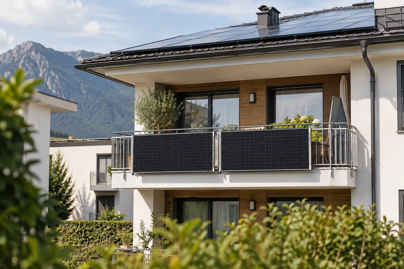 Solarmodule am Balkon und auf einem Wohnhausdach