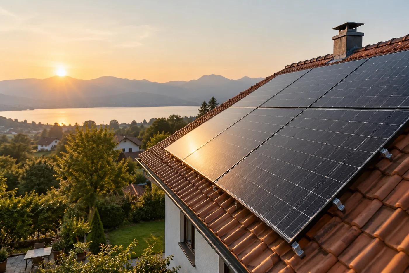 Solarmodule auf einem geneigten Dach im Morgenlicht