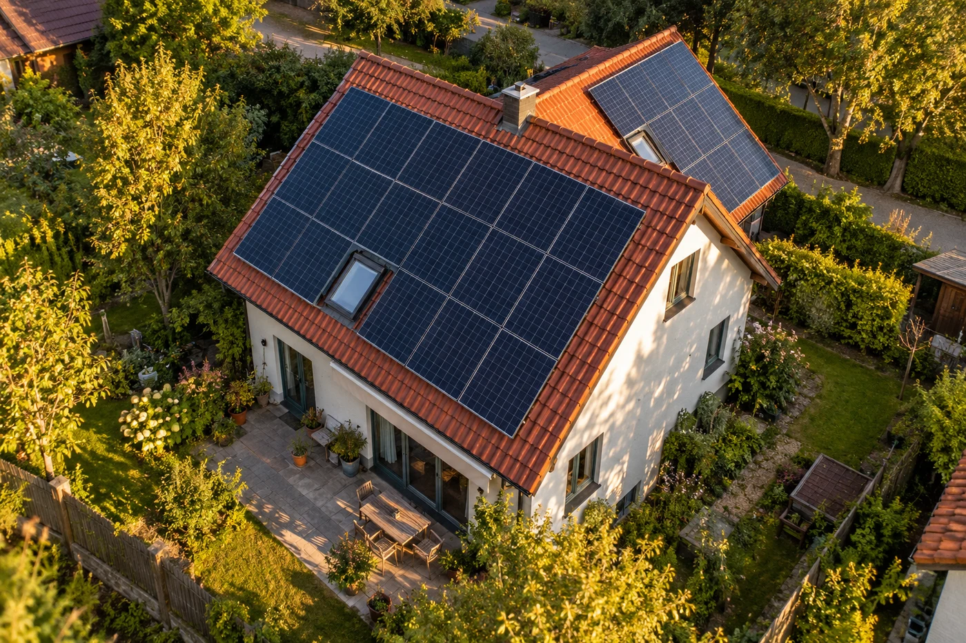 Photovoltaikmodule auf zwei gegenüberliegenden Dachflächen eines Wohnhauses.